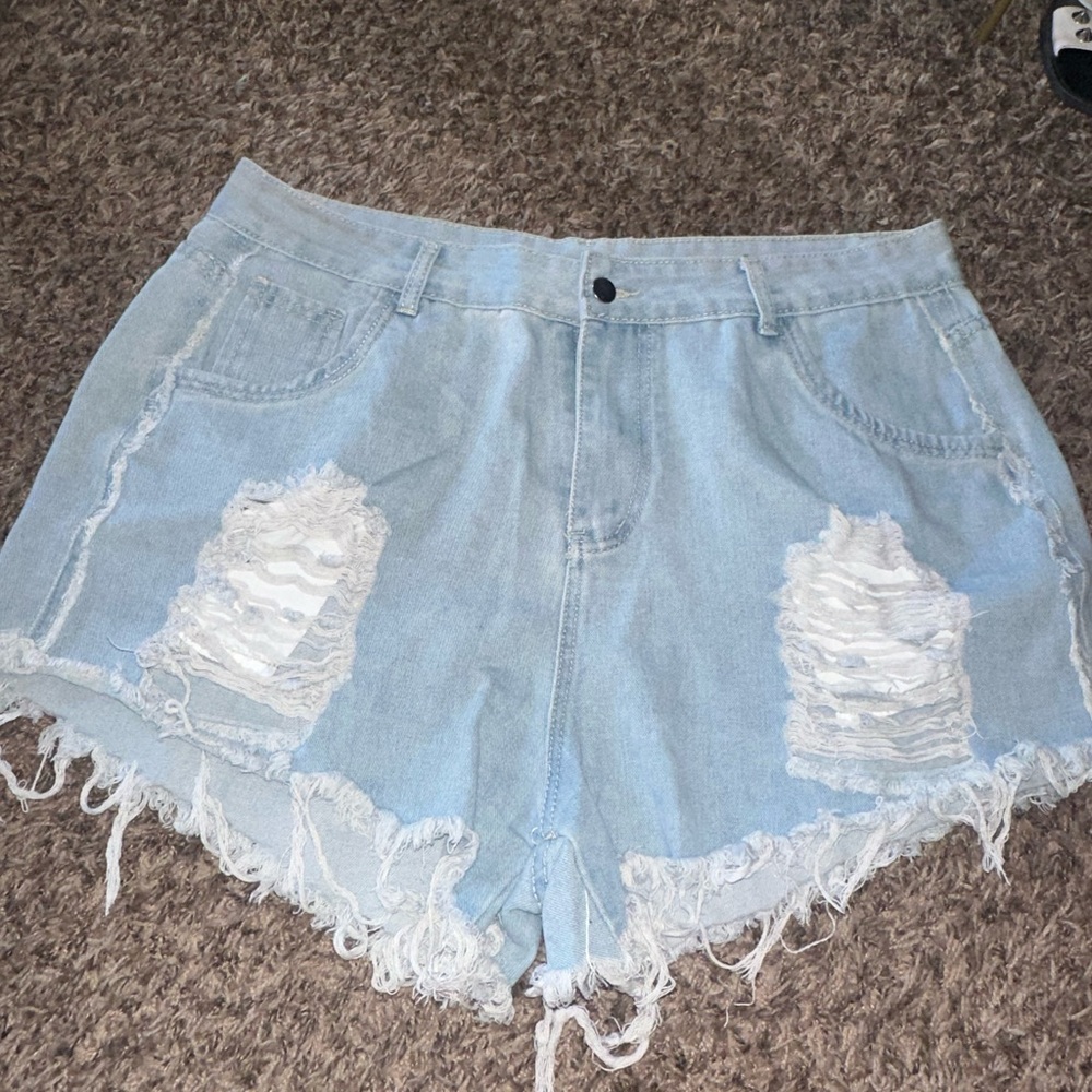SHEIN Blue Distressed Jean Shorts High-Waisted Frayed Hem